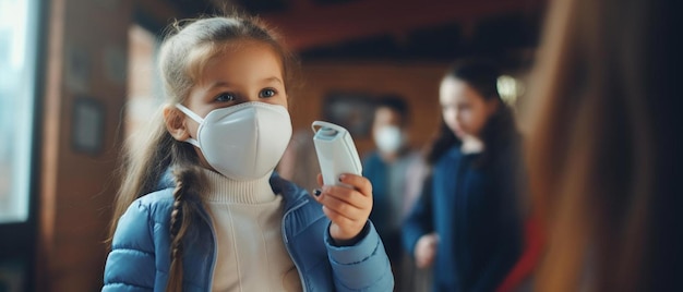 een klein meisje dat een gezichtsmasker draagt en een mobiele telefoon vasthoudt