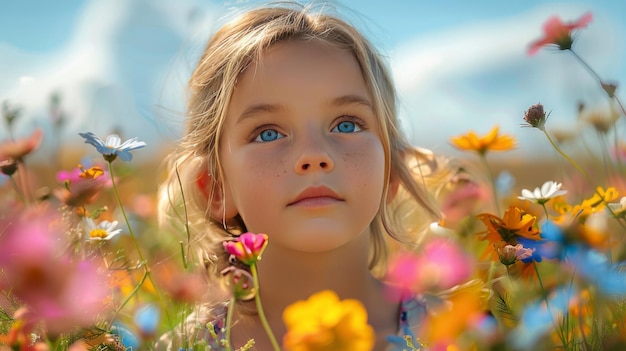 Een klein meisje dat in een bloemenveld staat