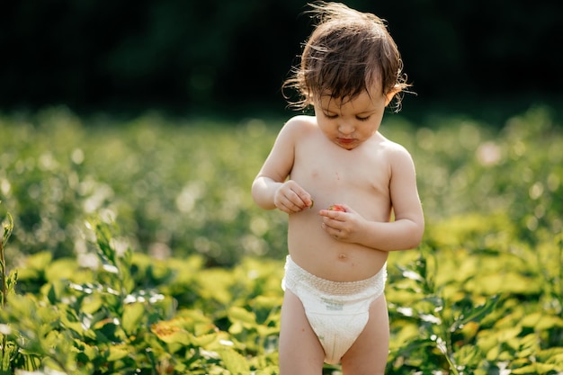 Een klein meisje dat maar één luier draagt, proeft zoete rijpe aardbeien in de dorpstuin