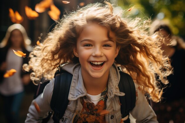 Een klein meisje dat naar school gaat met een glimlach. Generatieve AI.