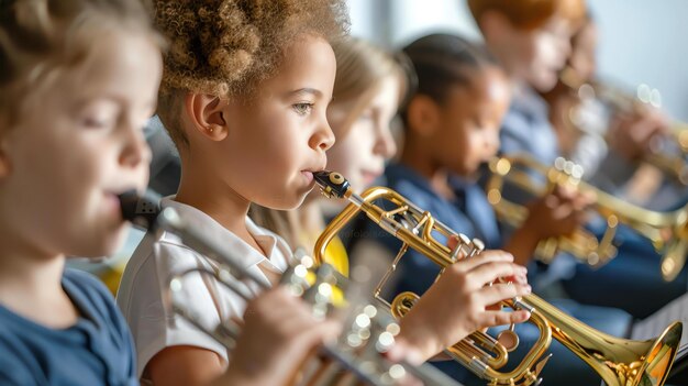 Foto een klein meisje dat trompet speelt in een schoolband is geconcentreerd op de muziek en geniet ervan.