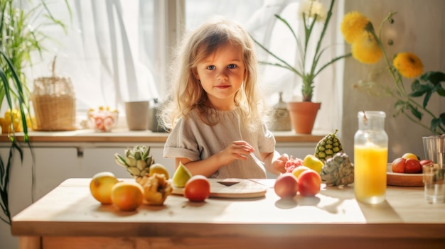 Een klein meisje eet fruit in de keuken aan de tafel in het ochtendzonlicht Gezond voedingsconcept voor kinderen Gezonde huiselijke sfeer Gegenereerde AI
