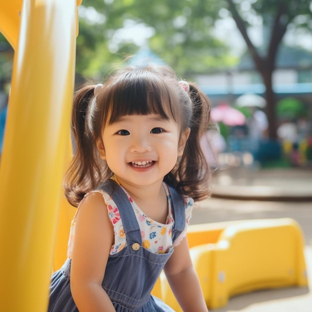 een klein meisje glimlacht en glimlacht op een gele glijbaan