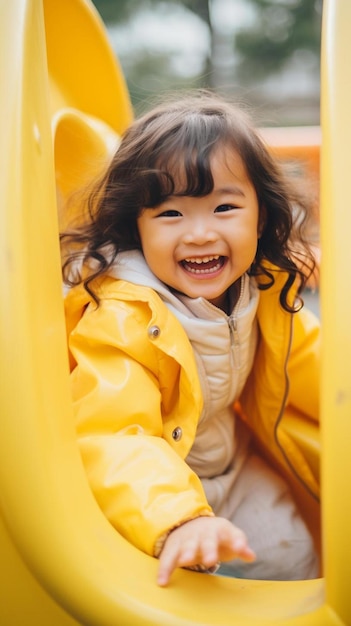 een klein meisje glimlacht op een gele glijbaan met een gele jas