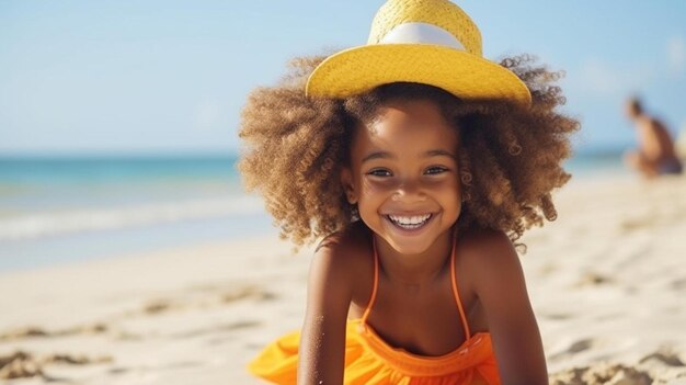 een klein meisje glimlacht op het strand met een hoed op