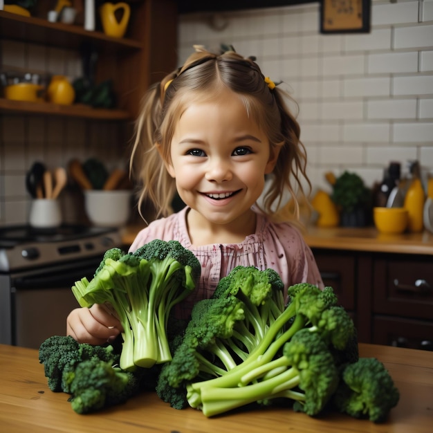 Een klein meisje houdt een bos broccoli op een houten toonbank.