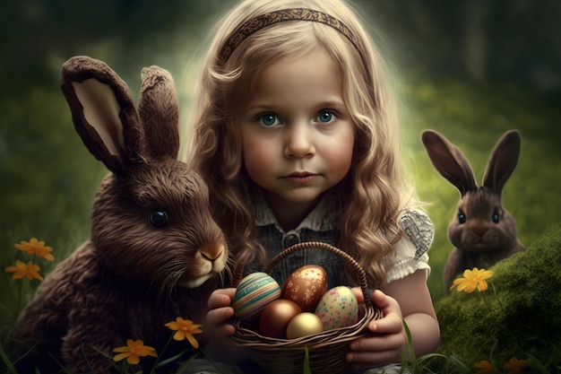 Een klein meisje houdt een mand met gekleurde eieren en een paashaas vast in de buurt van haar generatieve AI