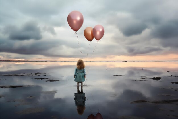 Foto een klein meisje houdt een paar kleurrijke ballonnen vast in het midden van het bevroren meer in het noorden.