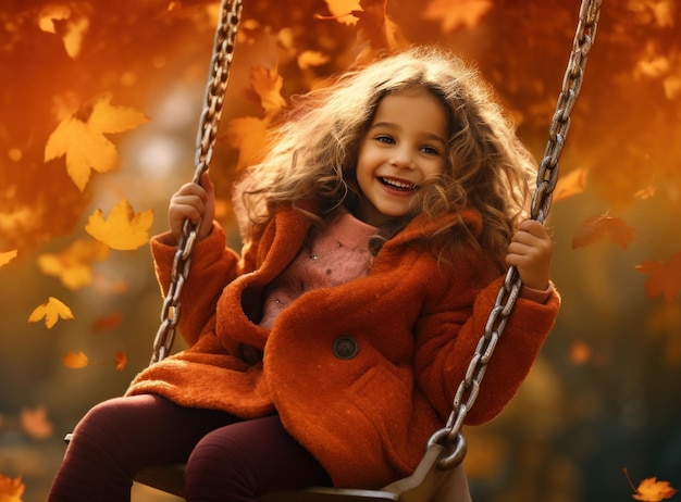 Een klein meisje in de herfst zwaait in het park met rode en gele bladeren.