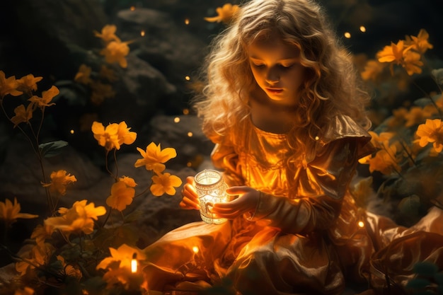 een klein meisje in een gouden jurk met een lantaarn