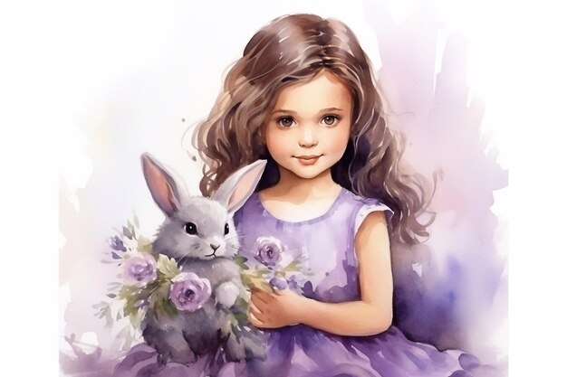 Een klein meisje in een lila jurk houdt een klein konijn in haar handen waterverf