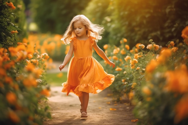 Een klein meisje in een oranje jurk loopt door een tuin met bloemen.