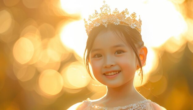 Foto een klein meisje in een tiara geniet van de gouden uur betoverende jeugdige onschuld