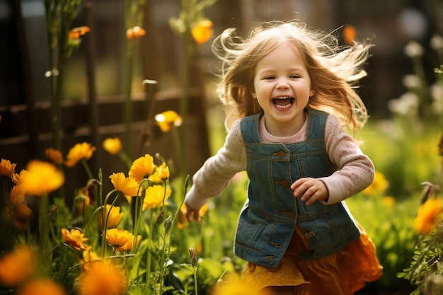 een klein meisje in een veld van bloemen met haar haar geblazen in de wind