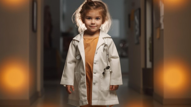 Een klein meisje in een witte laboratoriumjas staat in een gang met een stethoscoop op haar hoofd.