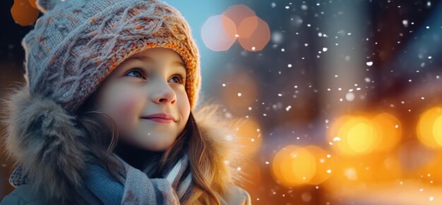 Een klein meisje kijkt naar de lichten in de sneeuw.
