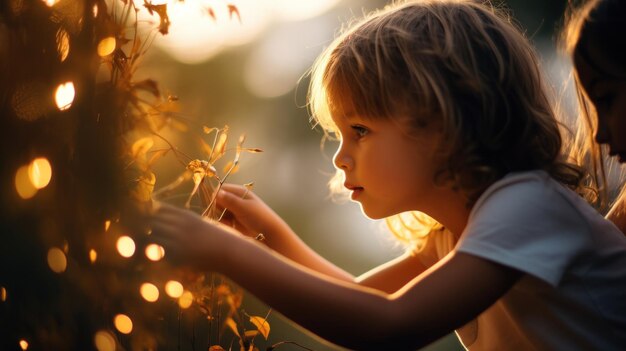 Foto een klein meisje kijkt naar een plant met lichten.