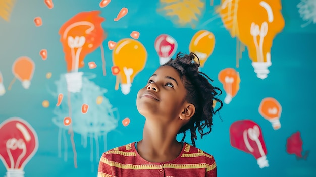 Foto een klein meisje kijkt op naar de kleurrijke gloeilampen die op de blauwe muur zijn geschilderd.
