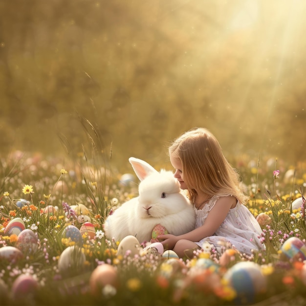 Een klein meisje knuffelt een wit konijn in een veld van bloemen en paaseieren.