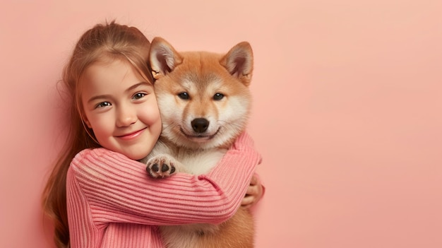 Een klein meisje knuffelt je akita inu hond op een pastelroze achtergrond