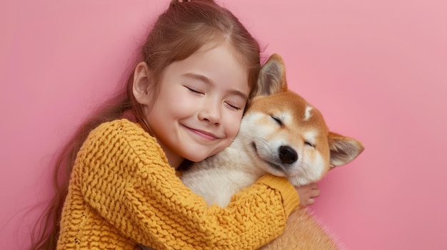 Een klein meisje knuffelt je akita inu hond op een pastelroze achtergrond