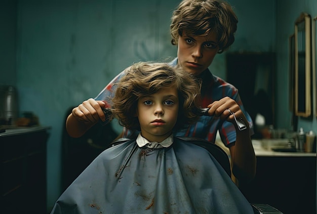 Een klein meisje krijgt haar geknipt in de kapperswinkel in de stijl van een Kodak-portret.