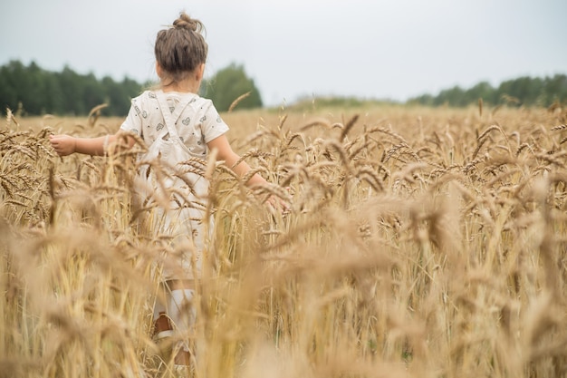 Een klein meisje loopt in het veld en verzamelt tarweaartjes