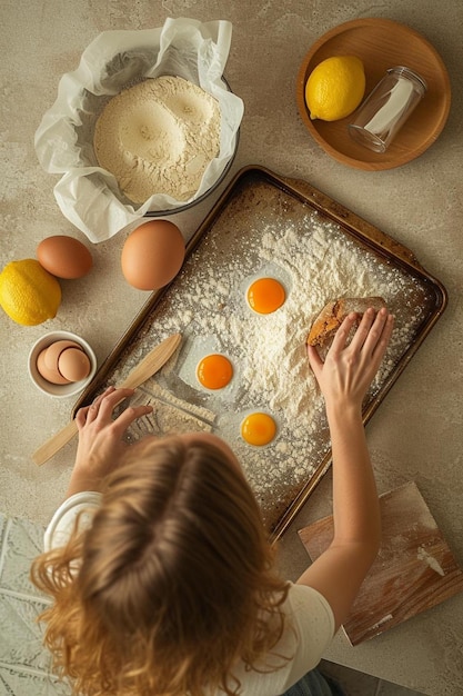 een klein meisje maakt een koekje met eieren