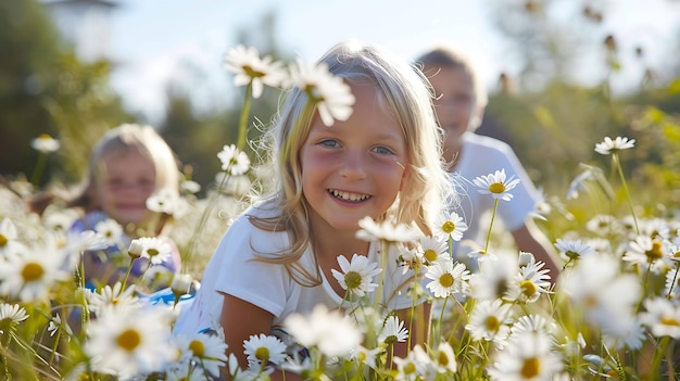 Een klein meisje met blond haar glimlacht in een veld van witte madeliefjes ze draagt een wit shirt er zijn twee andere kinderen die op de achtergrond spelen
