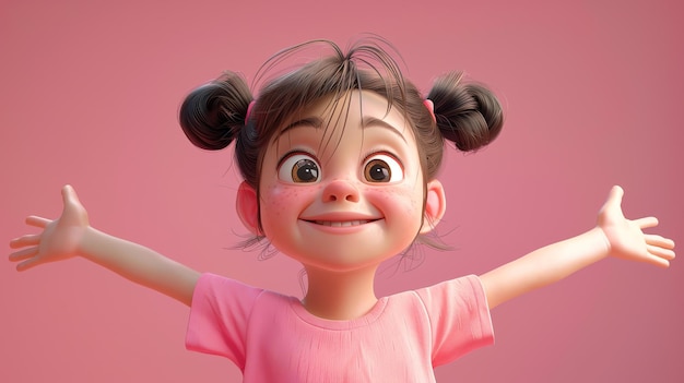 Een klein meisje met bruin haar en sproeten dat gelukkig glimlacht met haar armen uitgestrekt ze draagt een roze shirt en heeft haar haar in twee broodjes