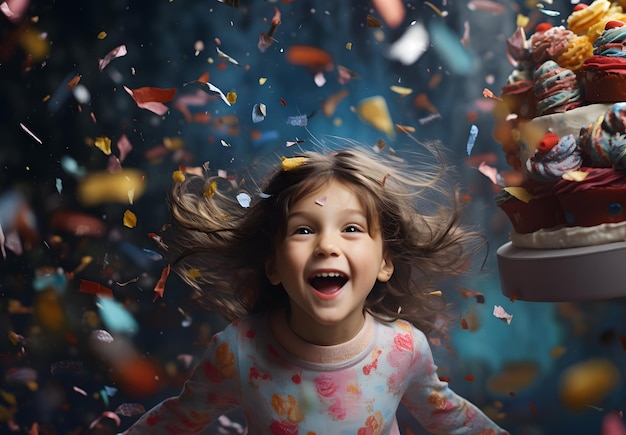 Een klein meisje met confetti om zich heen gegooid om te vieren