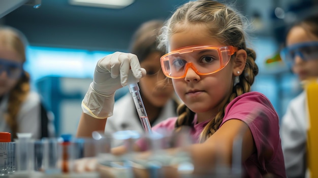 Een klein meisje met een beschermende bril voert een wetenschappelijk experiment uit in een laboratorium