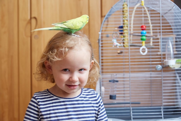 Een klein meisje met een boogie op haar hoofd naast een grote kooi in de woonkamer