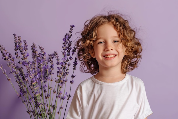 Een klein meisje met een bos lavendelbloemen