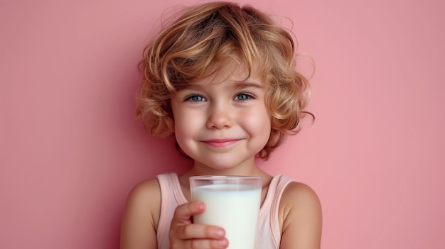 Een klein meisje met een glas melk.