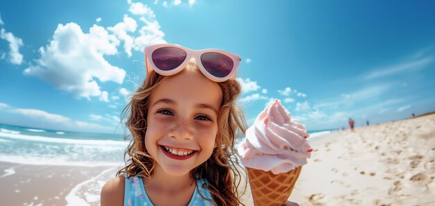 Foto een klein meisje met een ijsje op het strand een kind met een zonnebril op haar voorhoofd geniet van een zomervakantie