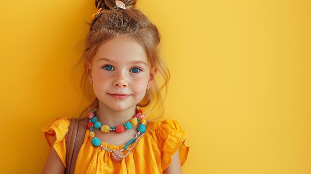 Een klein meisje met een kleurrijke ketting en een tas in de hand