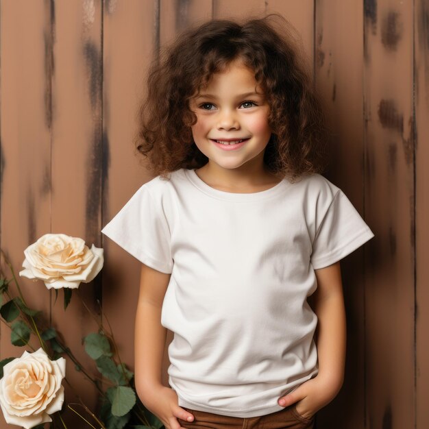 Een klein meisje met een leeg wit T-shirt.