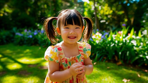 een klein meisje met een ponystaart glimlacht in de zon