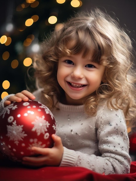 een klein meisje met een rood ornament met een kerstboom op de achtergrond