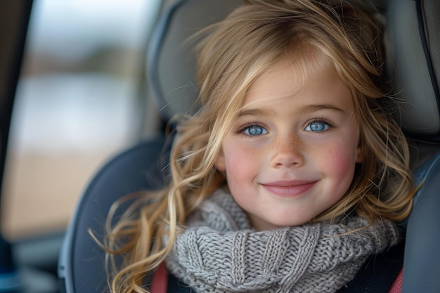 Een klein meisje met een sjaal in het autostoeltje.