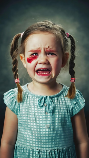 een klein meisje met een verdrietig gezicht en haar gezicht huilt