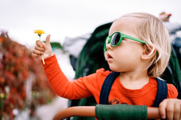 Foto een klein meisje met een zonnebril en een gele paardenbloem in haar hand zit in een kinderwagen en kijkt weg.