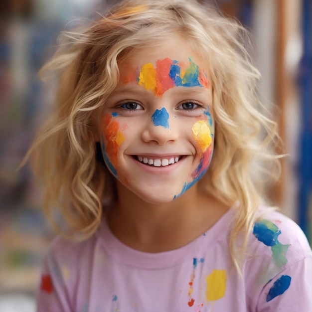 Foto een klein meisje met haar gezicht geschilderd als een beer holi 2024