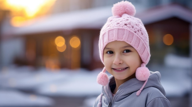 Een klein meisje met kanker glimlacht op een wazige achtergrond.