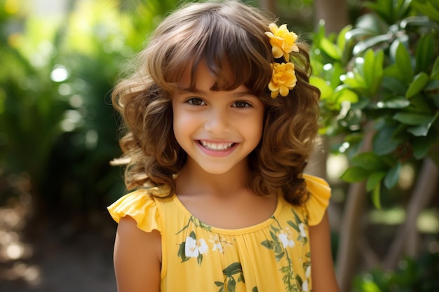 een klein meisje met krullend haar dat een gele jurk draagt