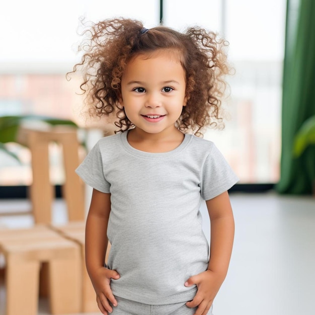 Een klein meisje met krullend haar en een shirt met de tekst "ze is een klein meisje"