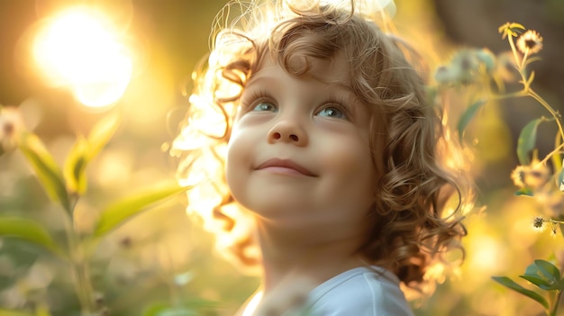 Een klein meisje met krullend haar glimlacht gelukkig in een veld van bloemen op een zonnige dag