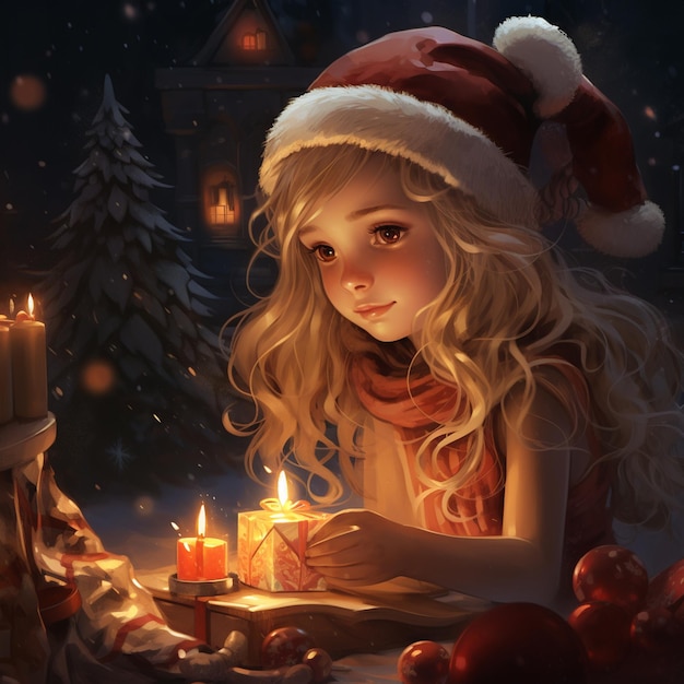 Een klein meisje met lang blond haar met een kerstmuts en een kerstboom op de achtergrond.
