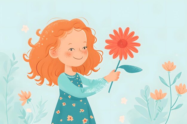 een klein meisje met rood haar dat een bloem vasthoudt en glimlacht delicate pastelkleuren illustratie concept van goederen en diensten voor kinderen ontwerp van postkaarten en boeken feestelijke materialen